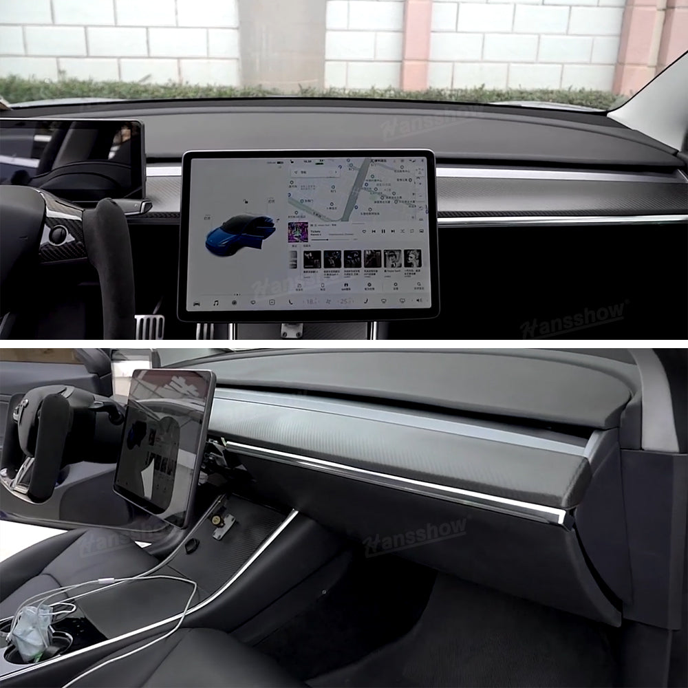Real Carbon Fiber Dashboard Cover Front Door Trim Panel Caps for Model 3/Y - close-up detail