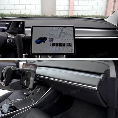 Real Carbon Fiber Dashboard Cover Front Door Trim Panel Caps for Model 3/Y - close-up detail