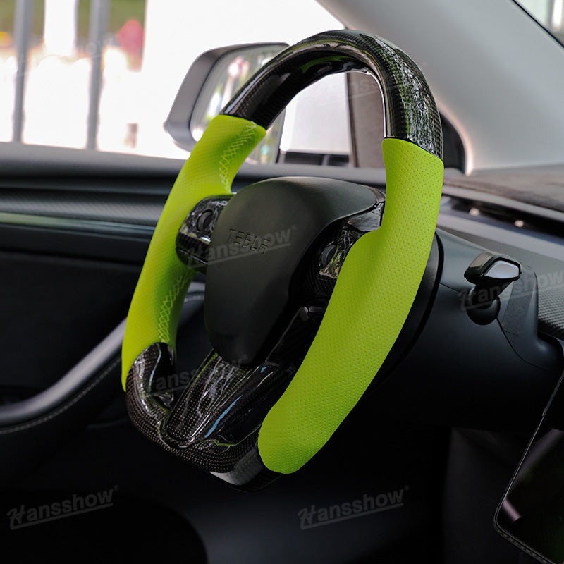 Model Y/3 Real Carbon Fiber D-Shaped Steering Wheel side angle