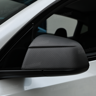 Model Y Juniper Side Mirror Real Carbon Fiber Overlay Covers - close-up detail