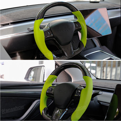 Model Y/3 Real Carbon Fiber D-Shaped Steering Wheel close-up