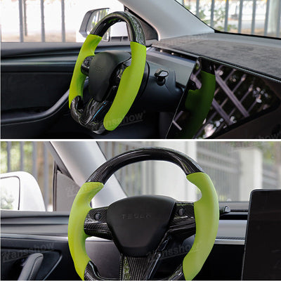 Model Y/3 Real Carbon Fiber D-Shaped Steering Wheel leather finish