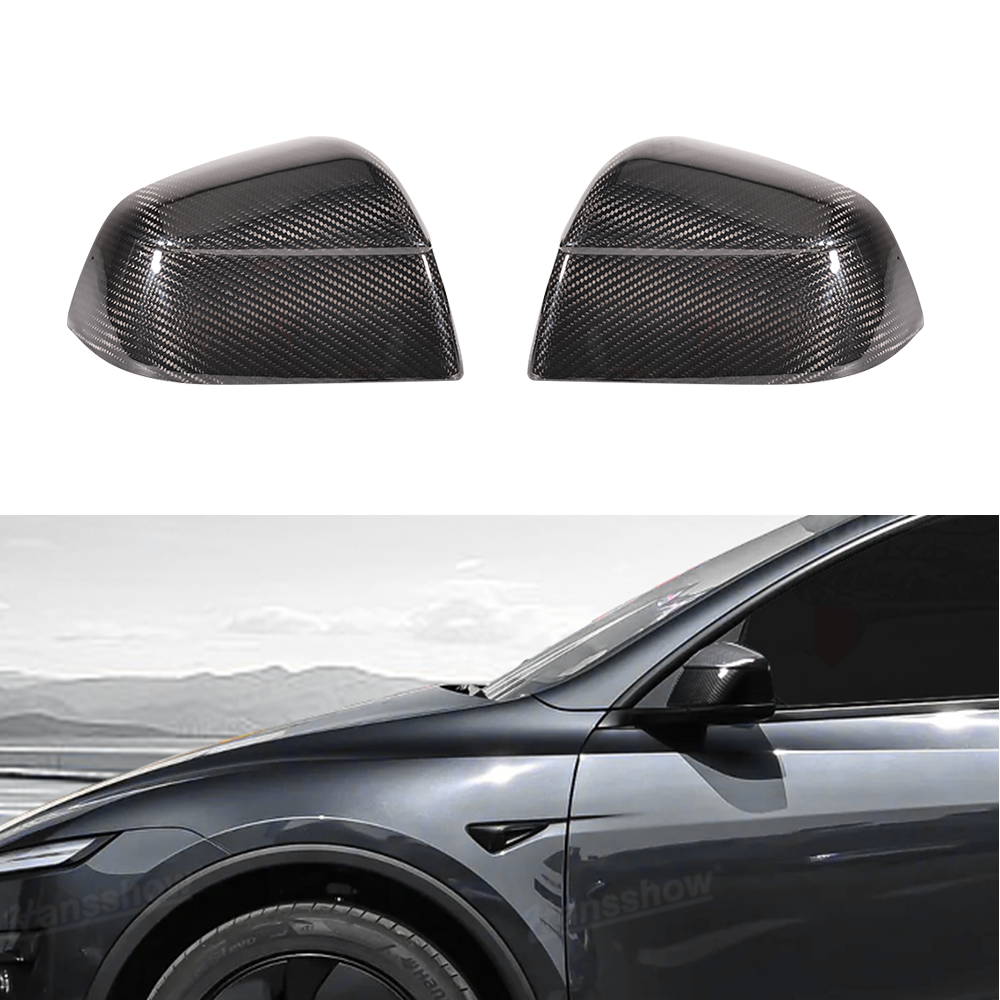 Model Y Juniper Side Mirror Real Carbon Fiber Overlay Covers - front view