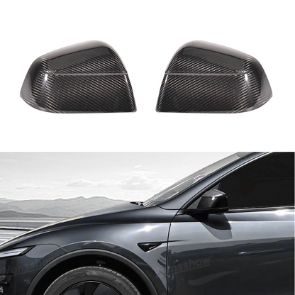 Model Y Juniper Side Mirror Real Carbon Fiber Overlay Covers - front view