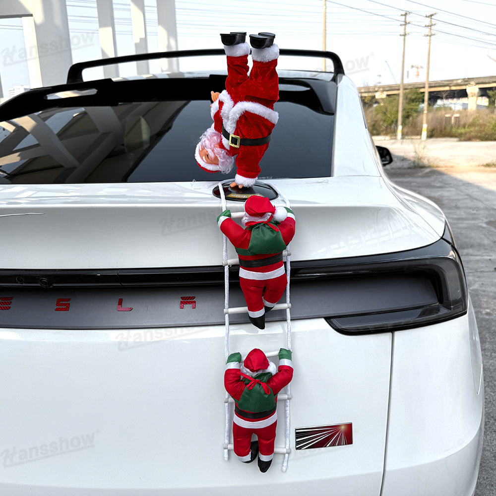 Climbing Santa Claus Decoration for Tesla Model Y installed on roof