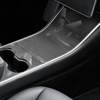 Detail view of Model 3/Y Real Carbon Fiber Center Console Trim for Tesla Model Y