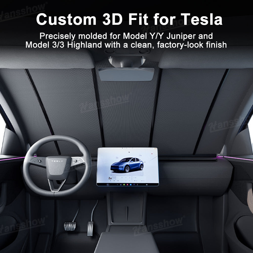 Electric Front Windshield Sunshade for Tesla Model Y Juniper - memory feature demonstration