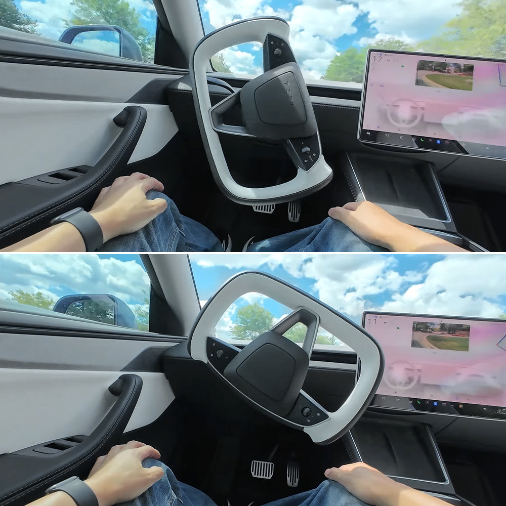 Model 3 Highland/Y Juniper Two-Tone Yoke Steering Wheel in action