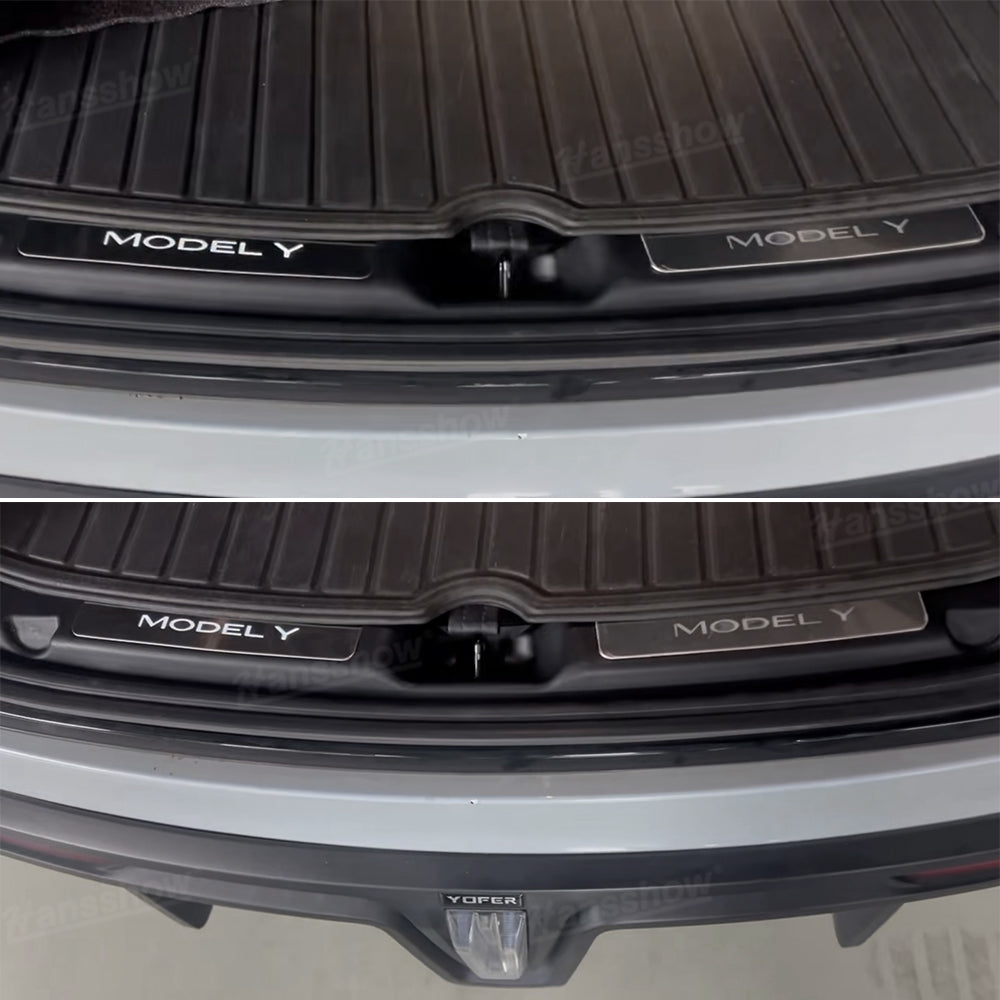 Model Y Juniper LED Door Sill illuminated from side