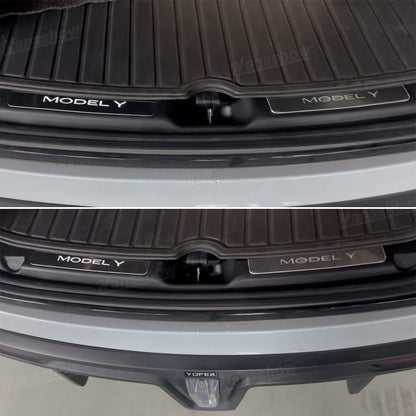 Model Y Juniper LED Door Sill illuminated from side
