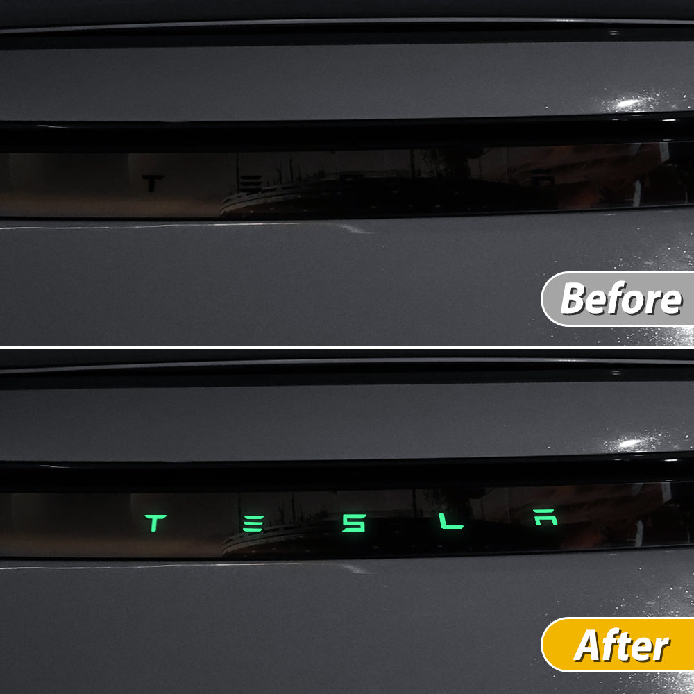 Model Y Juniper Fluorescent Vinyl Decal T-E-S-L-A Lettering Tailgate Overlay close-up