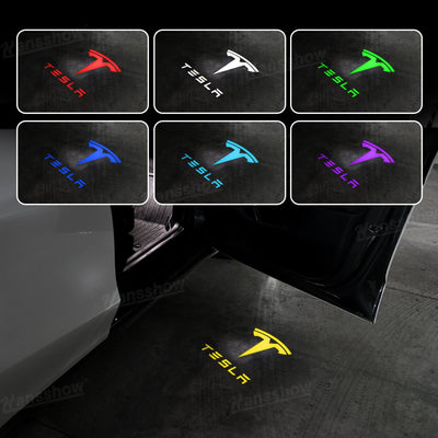 64-Color Changing Puddle Lights Tesla T Logo Door Projector Lights front view