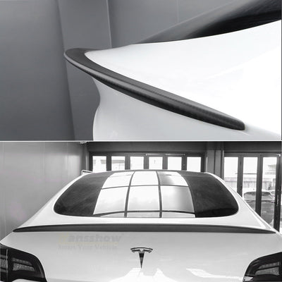 Close-up of Model 3/Y Real Carbon Fiber Rear Trunk Lip Spoiler for Tesla Model Y