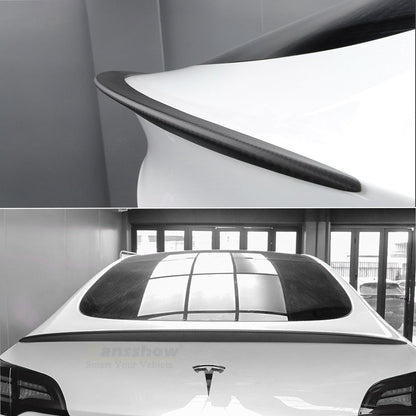 Close-up of Model 3/Y Real Carbon Fiber Rear Trunk Lip Spoiler for Tesla Model Y