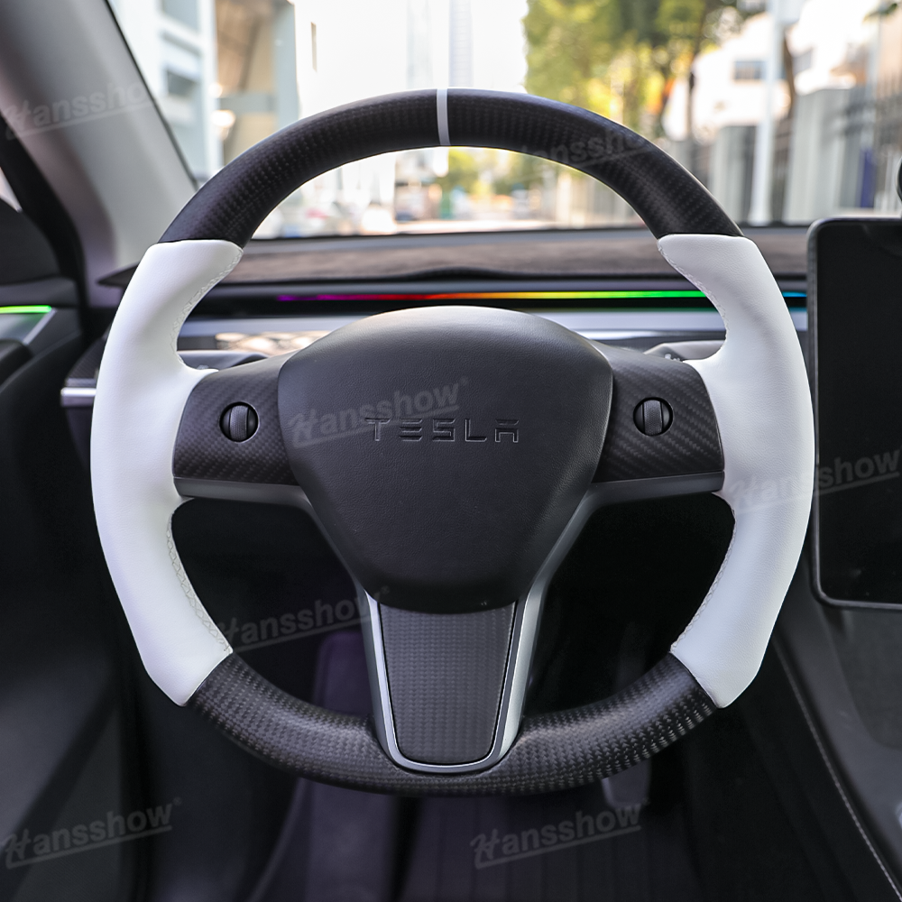 Real Carbon Fiber Round Steering Wheel for Tesla Model Y/3 - Top View