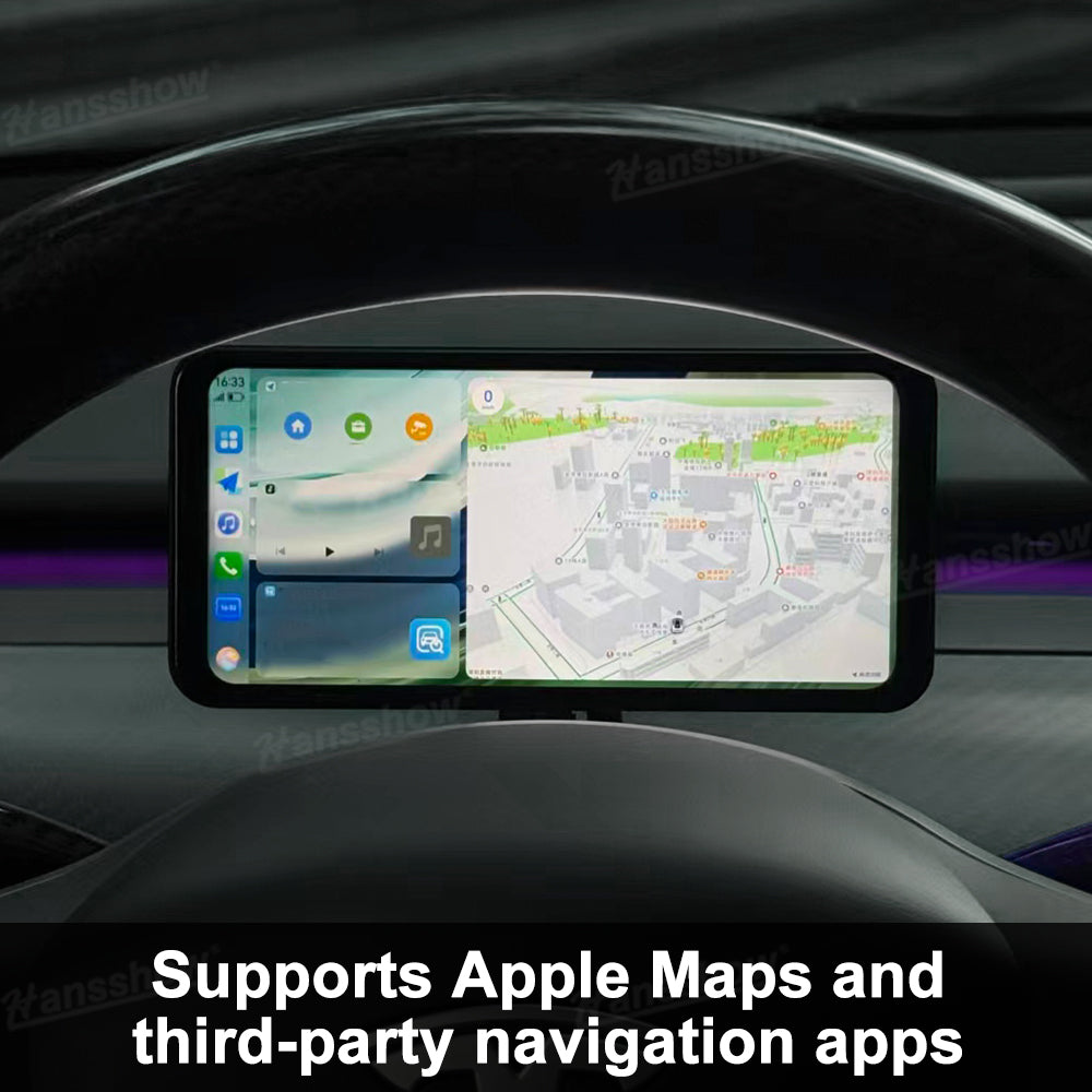 Side view of CarPlay Smart Dashboard Screen installed in Tesla Model Y