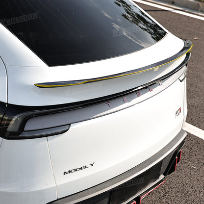Close-up of Model Y Juniper Spoiler Real Carbon Fiber Wing