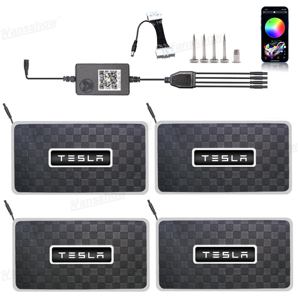 Model Y Juniper LED Floor Mat Lights with Tesla Logo - full interior lighting setup