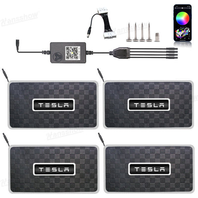 Model Y Juniper LED Floor Mat Lights with Tesla Logo - full interior lighting setup