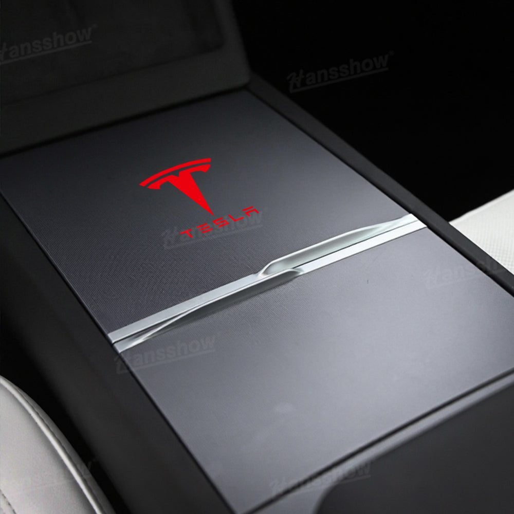 Model Y Juniper Center Console Vinyl Wrap Logo Sticker installed view