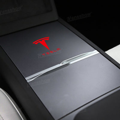Model Y Juniper Center Console Vinyl Wrap Logo Sticker installed view