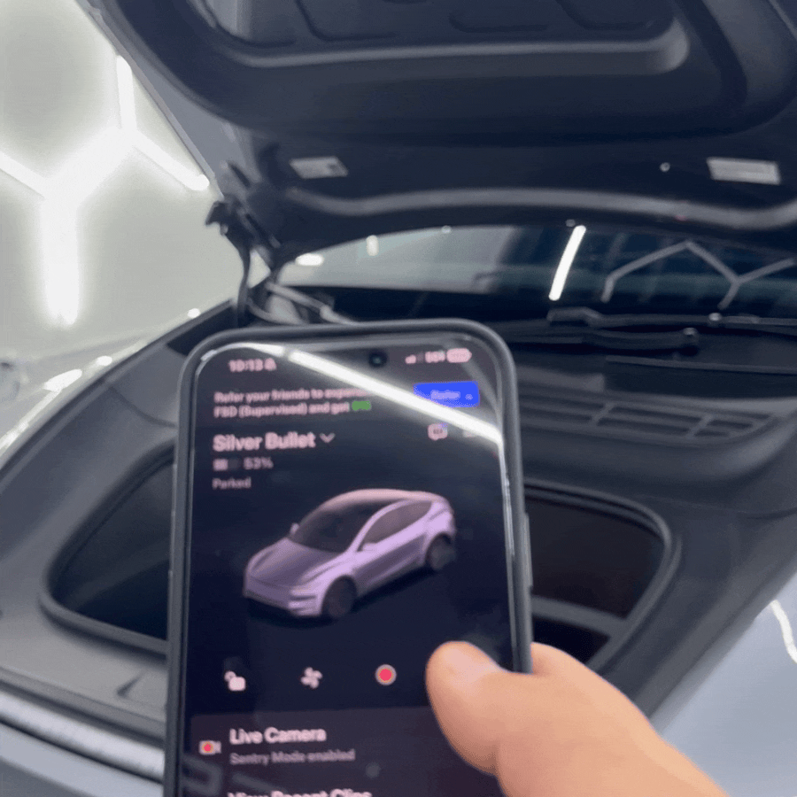 Model Y Juniper Power Frunk Kit installed with a view of frunk