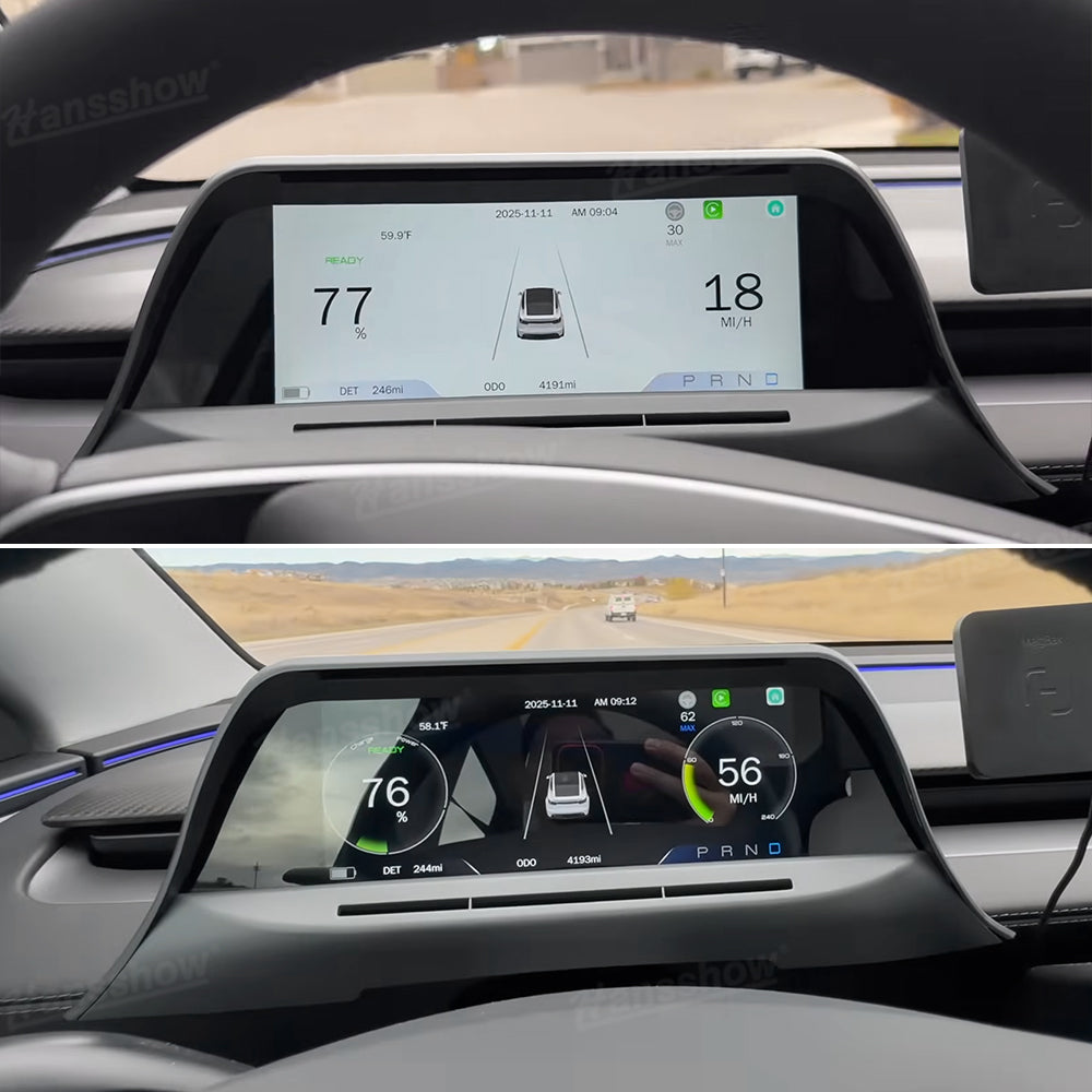 APEX 8.9-Inch CarPlay Screen showing settings menu in Tesla Model Y