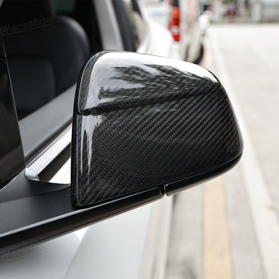 Model Y Juniper Side Mirror Real Carbon Fiber Overlay Covers - installed view