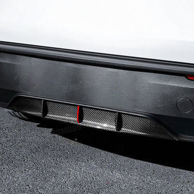 Detailed view of the 3D twill weave carbon fiber texture on Model Y Juniper Rear Diffuser