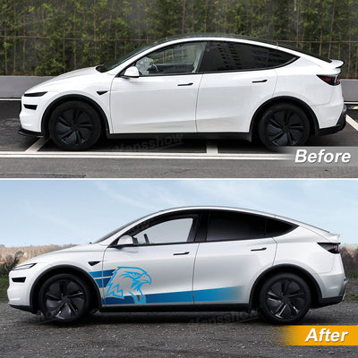 Side angle of Model Y Juniper Vinyl Wrap Body Decal Kit with Eagle Head Style