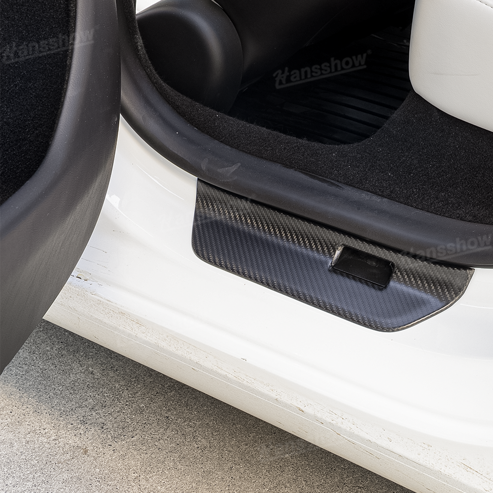 Tesla Model 3 Highland Real Carbon Fiber Door Sill Covers close-up detail