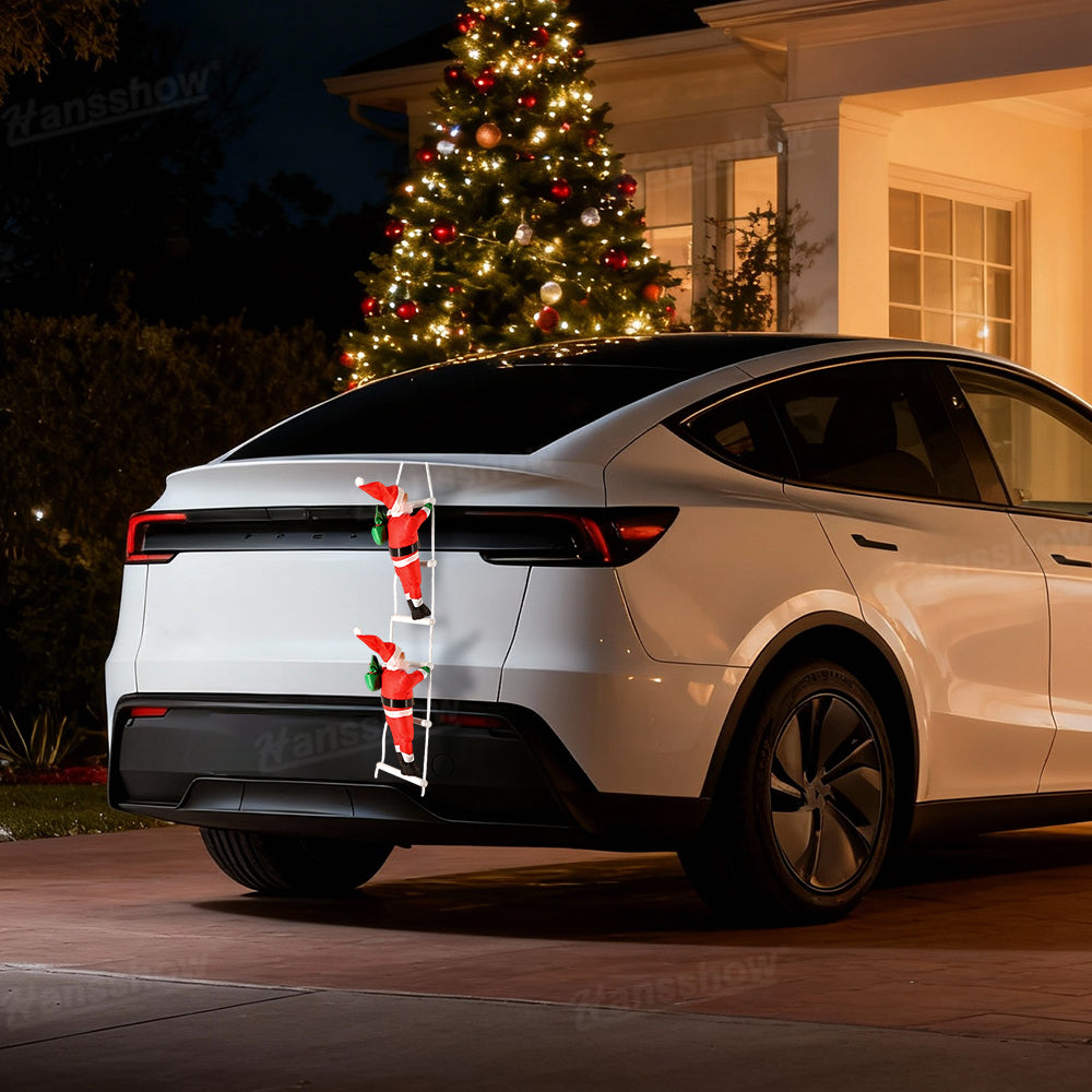 Climbing Santa Claus Decoration on Tesla Model Y side view