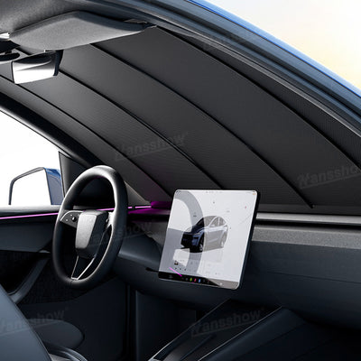 Electric Front Windshield Sunshade for Tesla Model Y Juniper - side angle