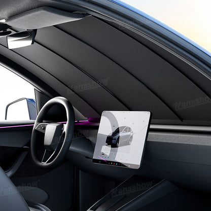 Electric Front Windshield Sunshade for Tesla Model Y Juniper - side angle