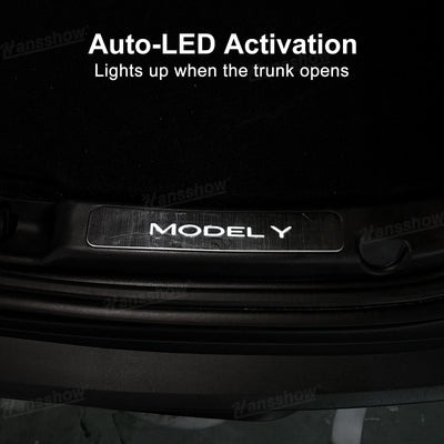 Model Y Juniper Door Sill close-up of LED lights