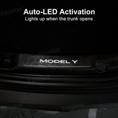 Model Y Juniper Door Sill close-up of LED lights
