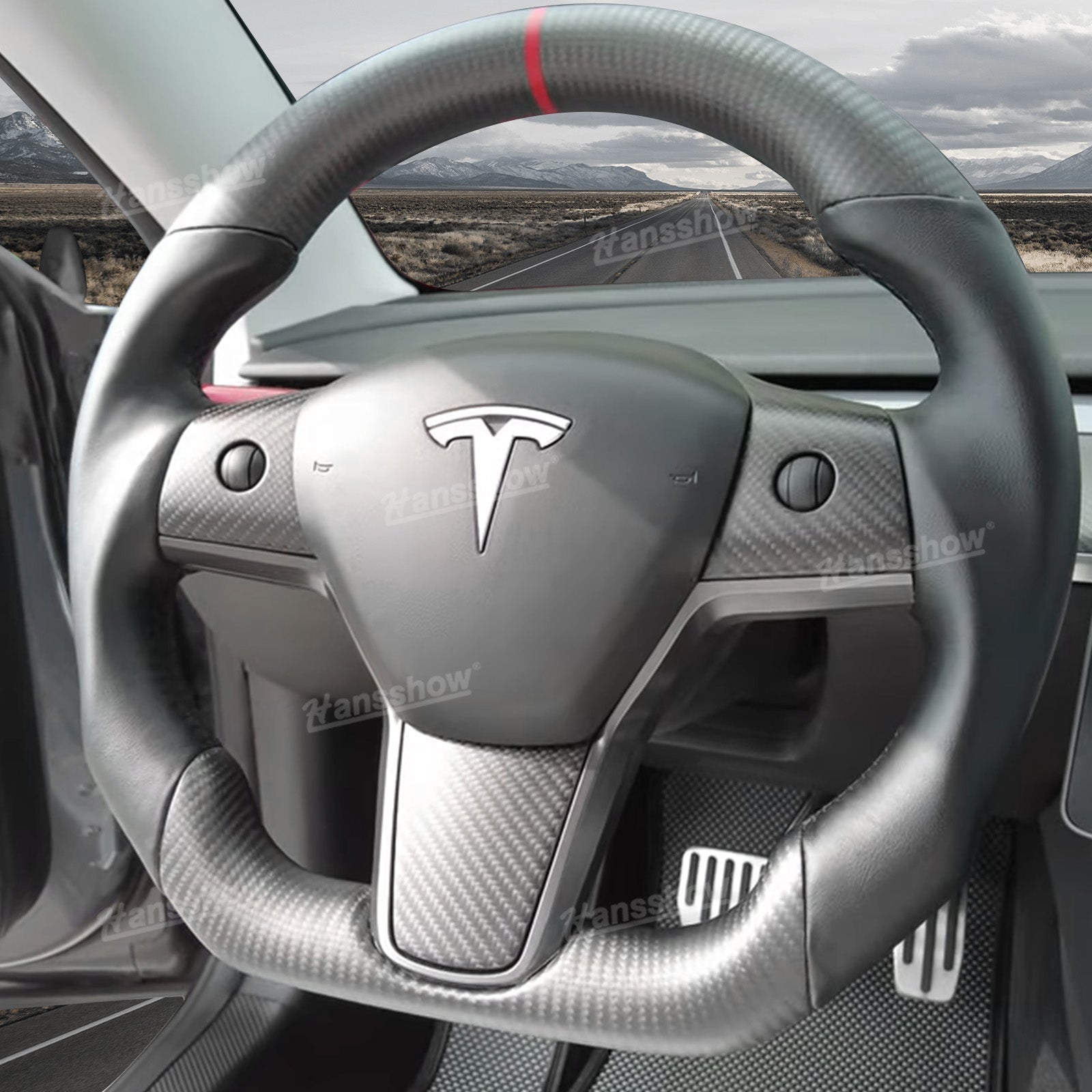 Tesla Model Y/3 Carbon Fiber Steering Wheel installed view