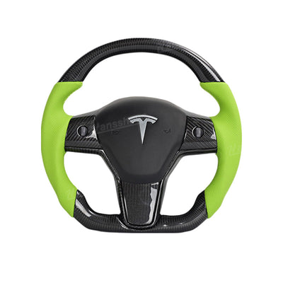 Model Y/3 Real Carbon Fiber D-Shaped Steering Wheel in green detail