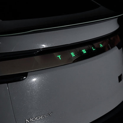 Model Y Juniper Fluorescent Vinyl Decal T-E-S-L-A Lettering Tailgate Overlay side angle