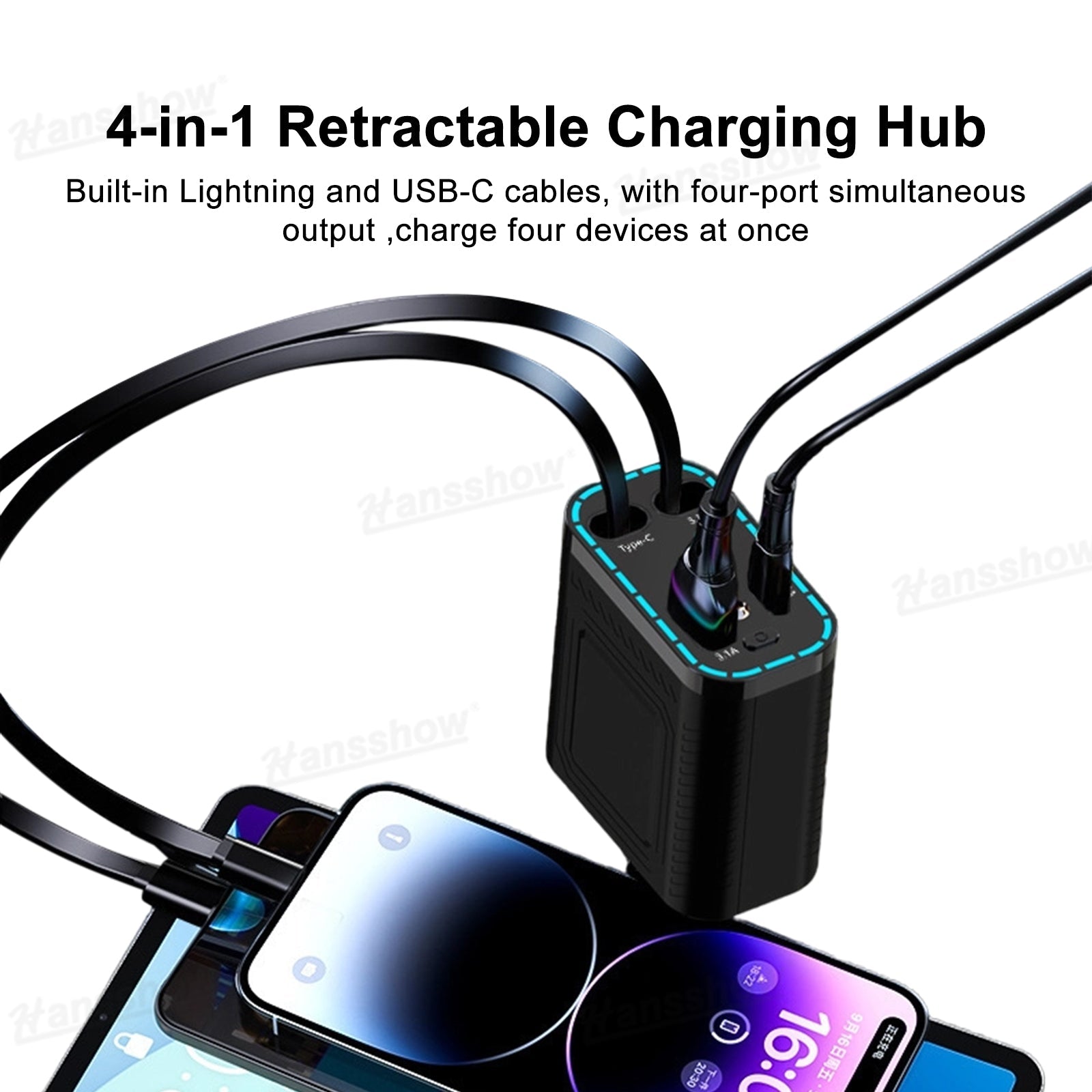 4-in-1 Charging Hub 120W Fast Charging Retractable Cable Hub with Starry...