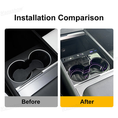 Model Y Juniper Center Console Cup Holder with Ambient Light - Installed View