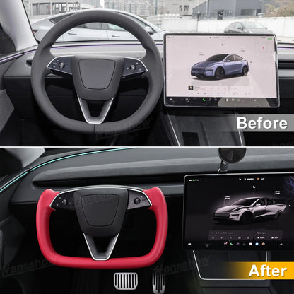 Detail view of carbon fiber side on Model Y Juniper Yoke Steering Wheel