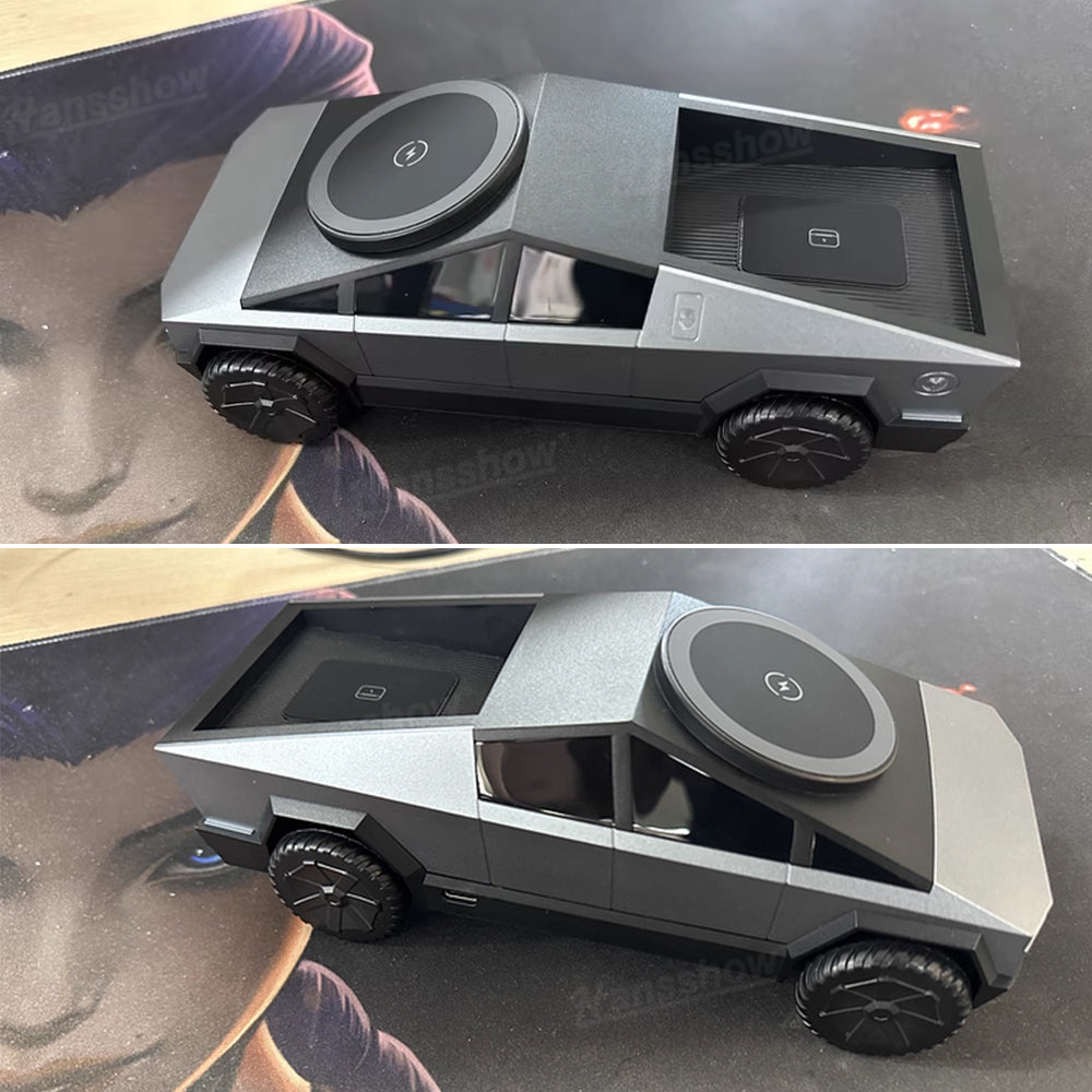 Cybertruck Style 3-In-1 Wireless Charging Station hidden earbud compartment
