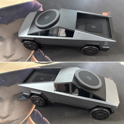 Cybertruck Style 3-In-1 Wireless Charging Station hidden earbud compartment