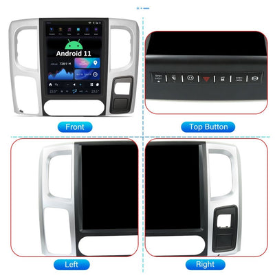 G-Series Android head unit detail showing touchscreen features for Dodge RAM 2013-2019