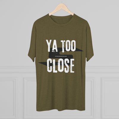 Funny Graphic Tee: Ya Too Close showing elastic ribbed collar