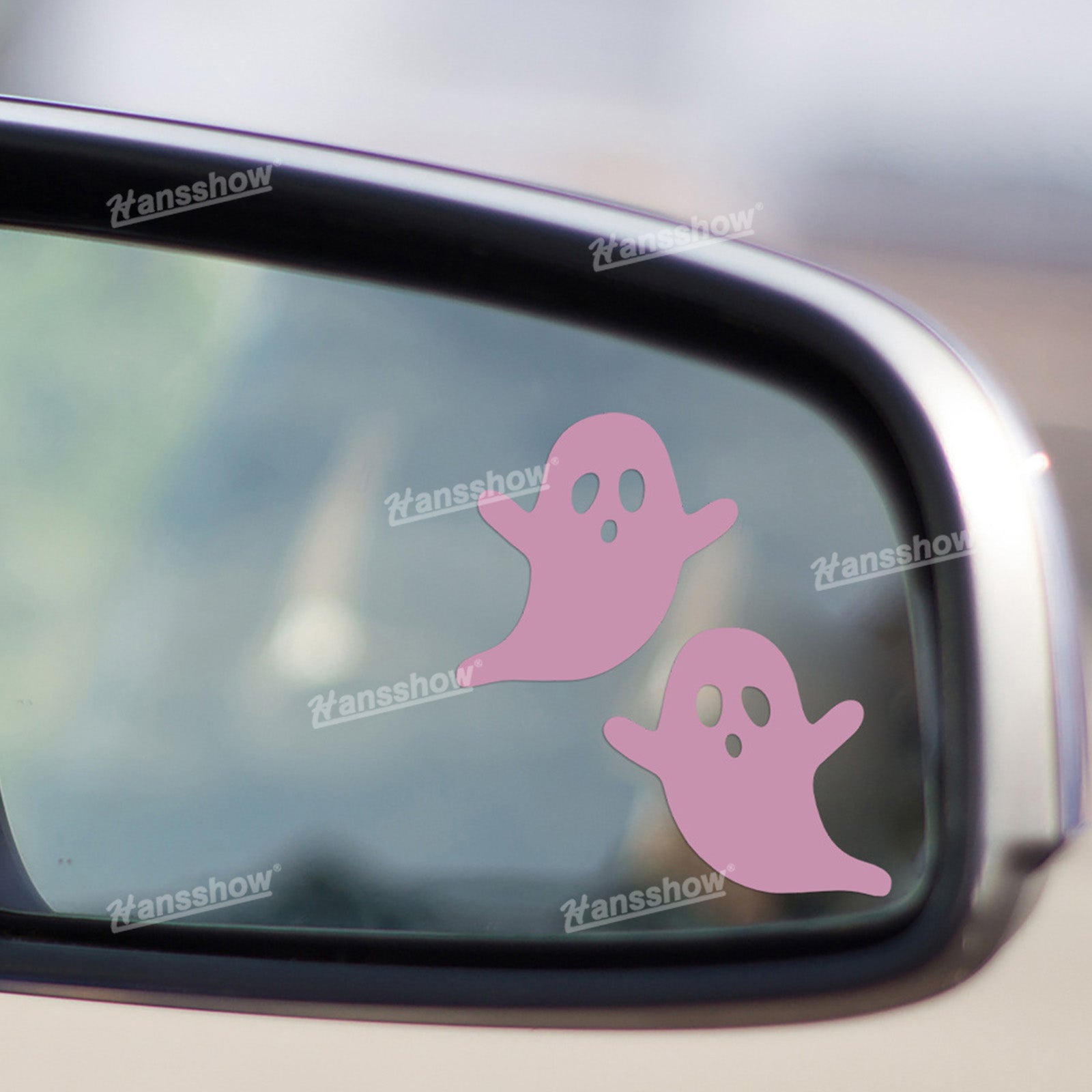 Side view of Halloween Ghost Face Car Rearview Mirror Sticker for Tesla Model Y
