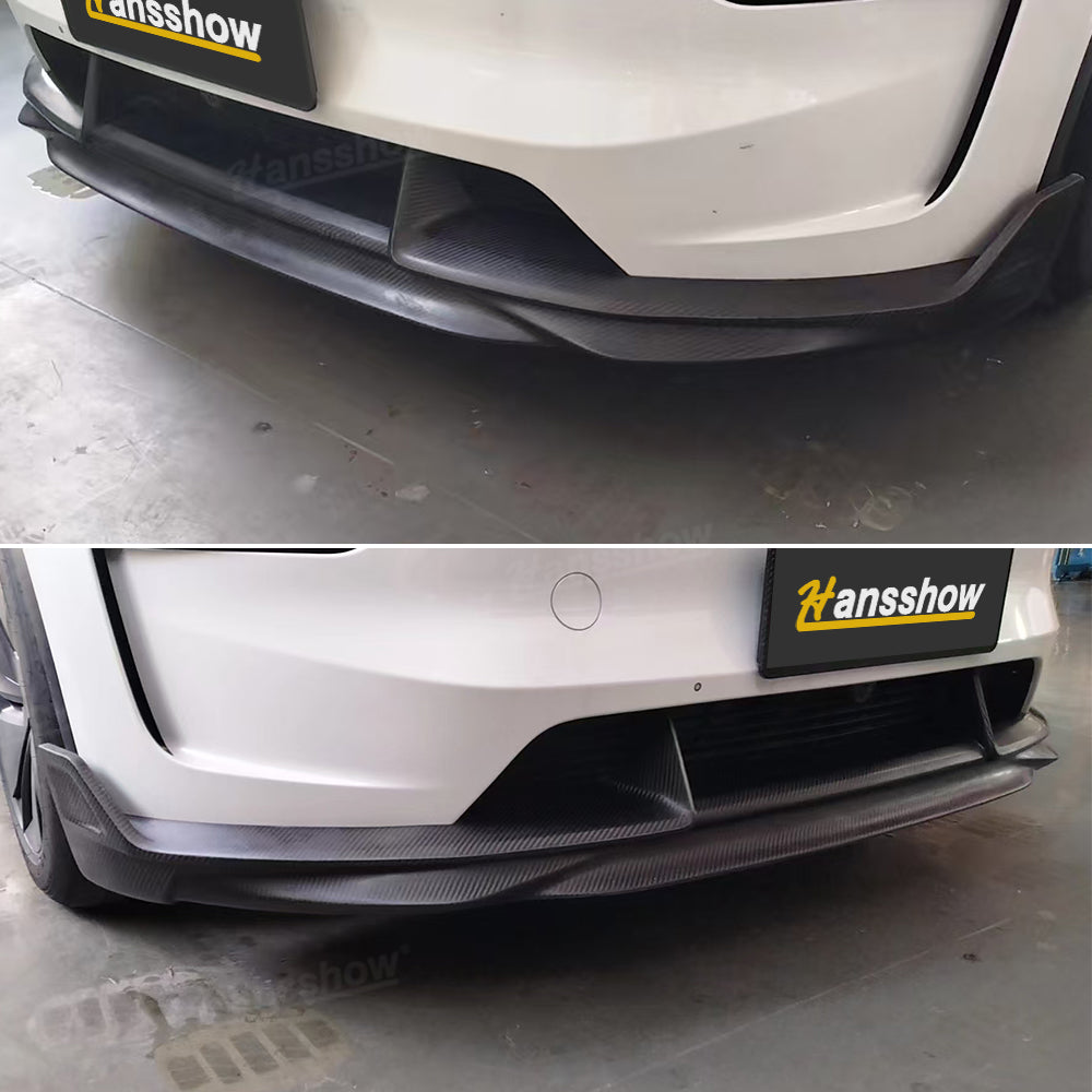 Model Y Juniper Front Lip Spoiler front view in real carbon fiber