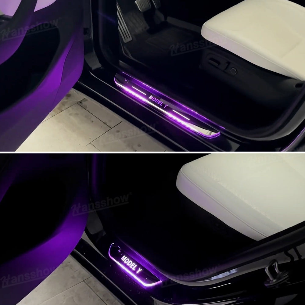 Model Y Juniper RGB Door Sill Plates showing vibrant colors