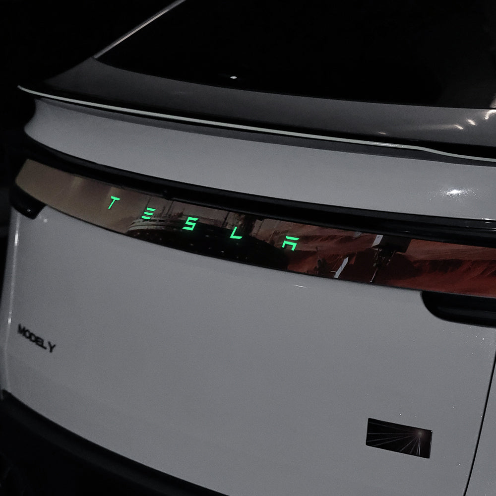 Model Y Juniper Fluorescent Vinyl Decal T-E-S-L-A Lettering Tailgate Overlay glow-in-the-dark feature